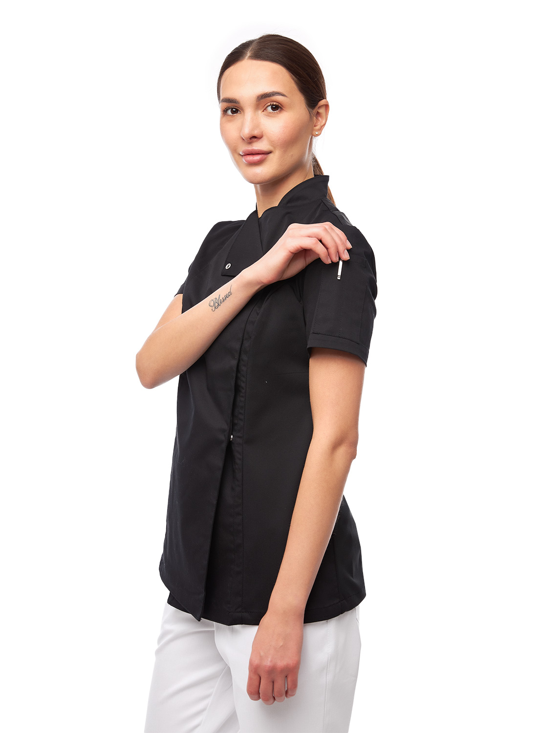 Damen Kochjacke mit Druckknöpfen Stretch Kurzarm Slim Fit 10 Damen Kochjacke mit Druckknöpfen Stretch Kurzarm Slim Fit – Bild 10