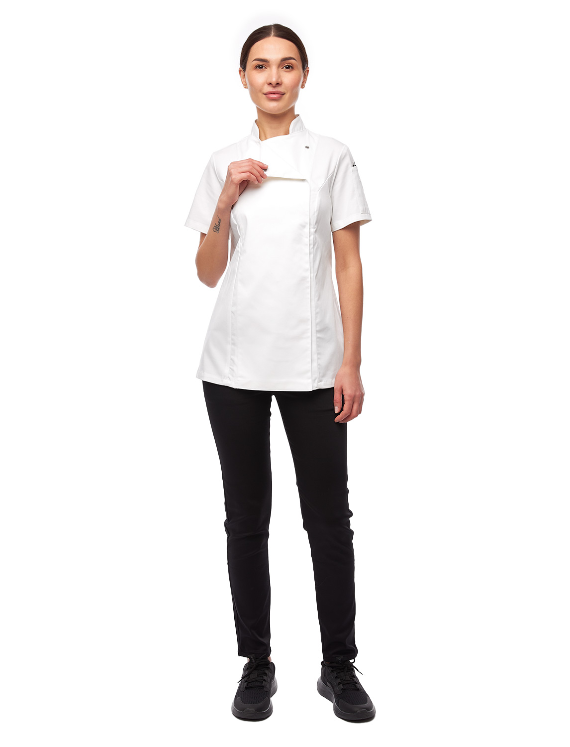 Damen Kochjacke mit Druckknöpfen Stretch Kurzarm Slim Fit 7 Damen Kochjacke mit Druckknöpfen Stretch Kurzarm Slim Fit – Bild 7
