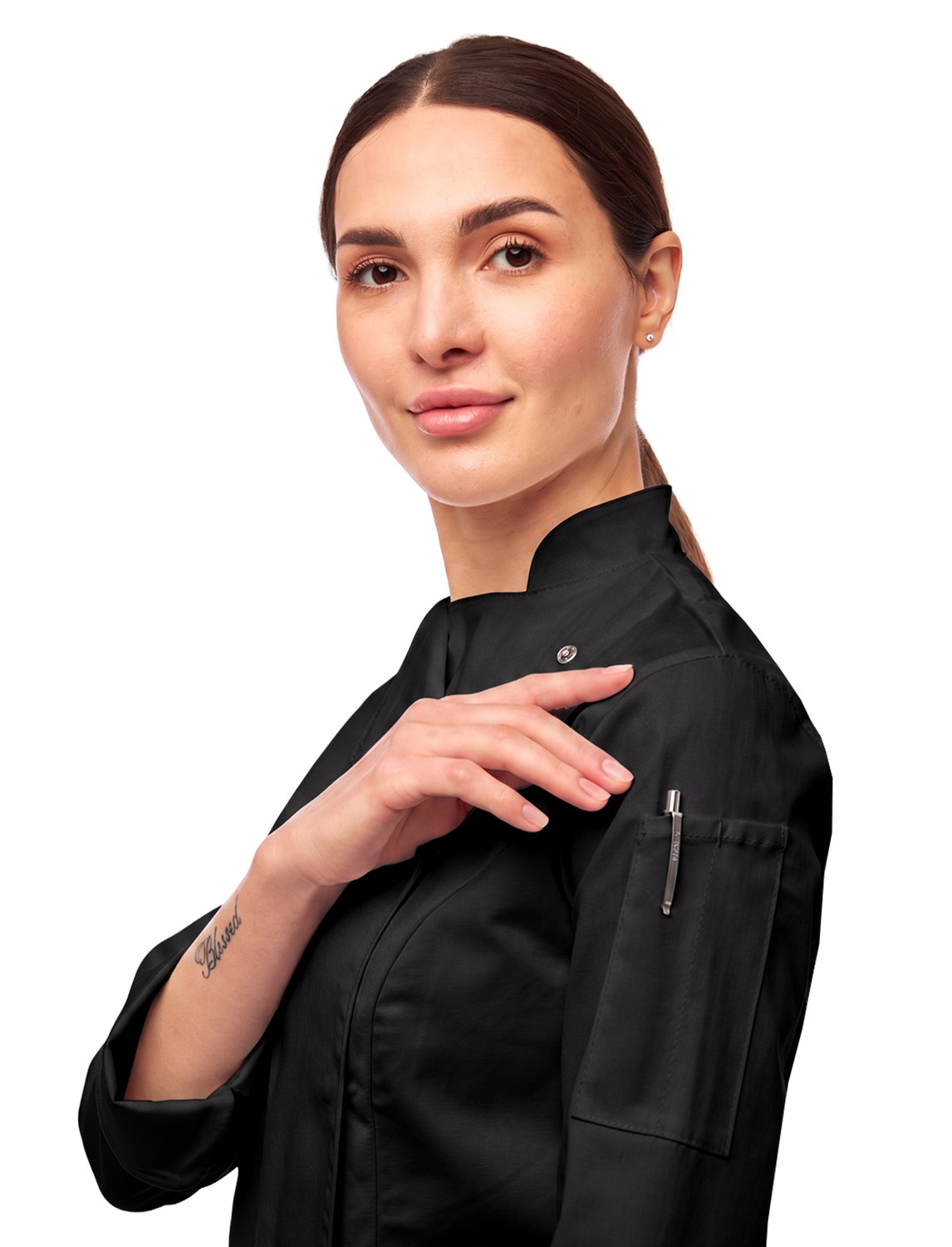 Damen Kochjacke mit Druckknöpfen Stretch Langarm Slim Fit 3 Damen Kochjacke mit Druckknöpfen Stretch Langarm Slim Fit – Bild 3
