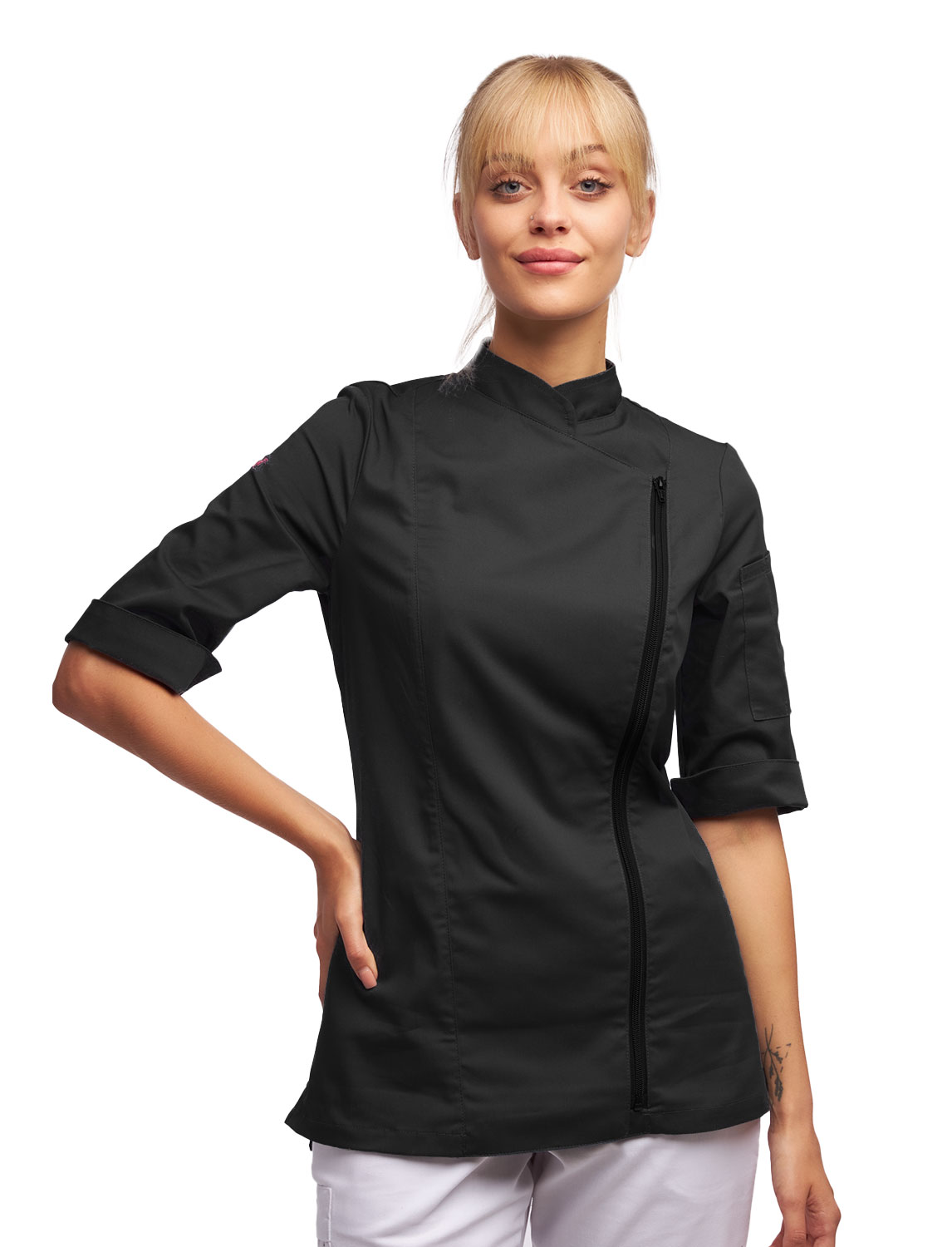 Damen Stretch Kochjacke mit Reißverschluss Slim Fit 1 Damen Stretch Kochjacke mit Reißverschluss Slim Fit