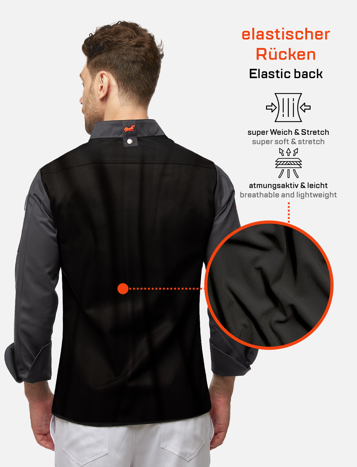 Herren Kochjacke mit Stretch Rücken inkl. Kugelknöpfe - Langarm 2 Herren Kochjacke mit Stretch Rücken inkl. Kugelknöpfe - Langarm – Bild 2