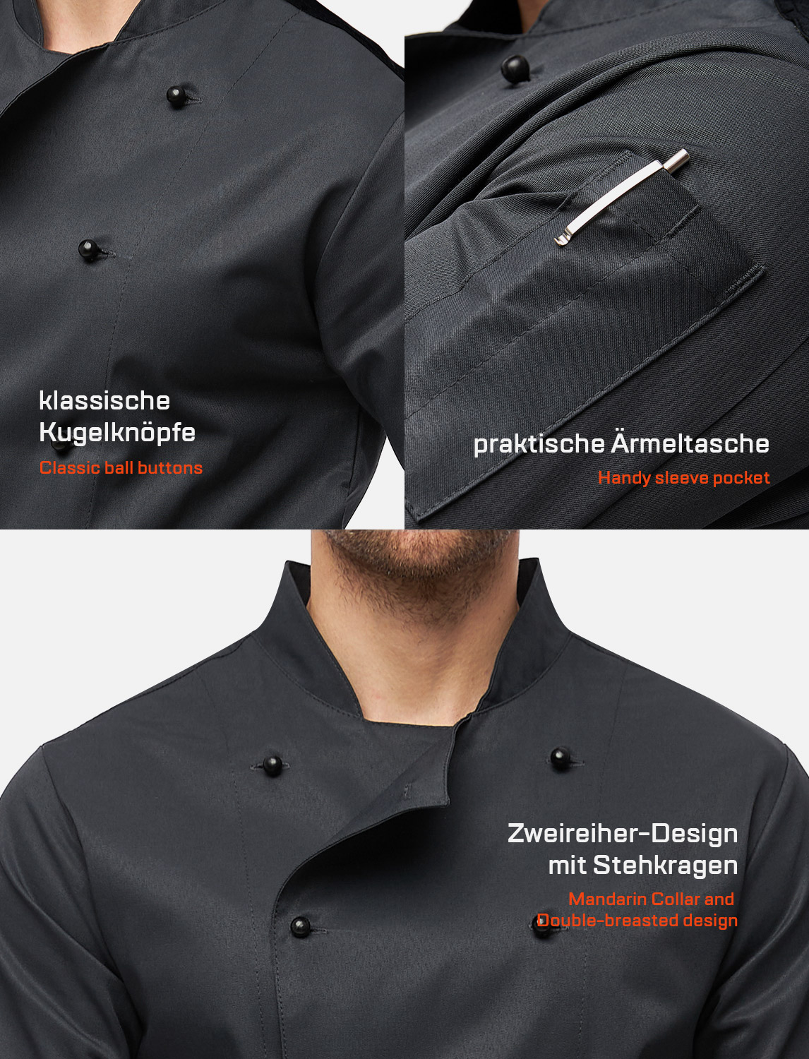 Herren Kochjacke mit Stretch Rücken inkl. Kugelknöpfe - Langarm 4 Herren Kochjacke mit Stretch Rücken inkl. Kugelknöpfe - Langarm – Bild 4