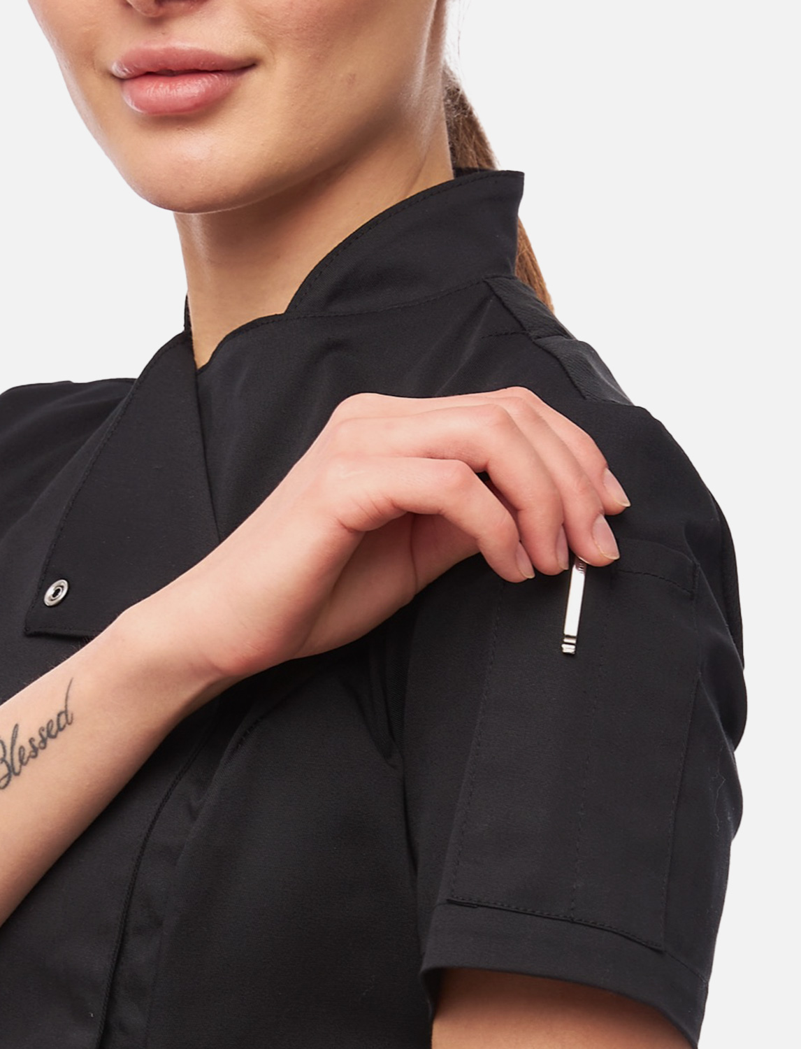 Kurzarm Damen Kochjacke mit Druckknöpfen aus weicher Baumwolle 4 Kurzarm Damen Kochjacke mit Druckknöpfen aus weicher Baumwolle – Bild 4