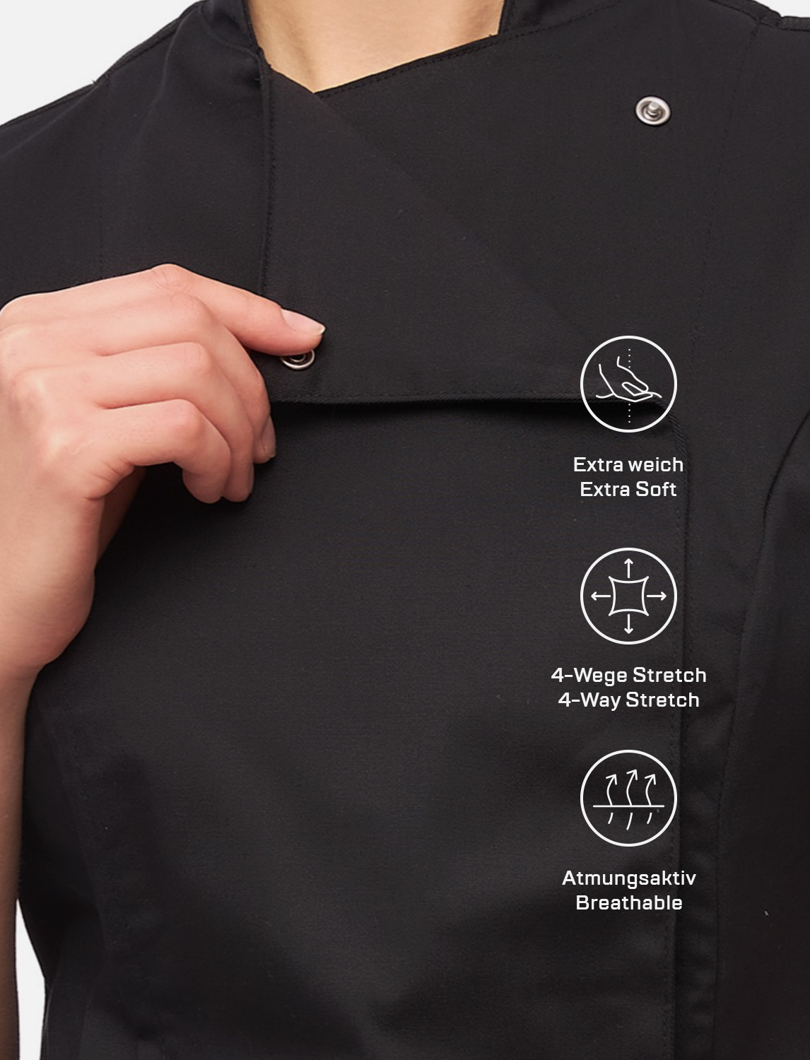 Kurzarm Damen Kochjacke mit Druckknöpfen aus weicher Baumwolle 5 Kurzarm Damen Kochjacke mit Druckknöpfen aus weicher Baumwolle – Bild 5