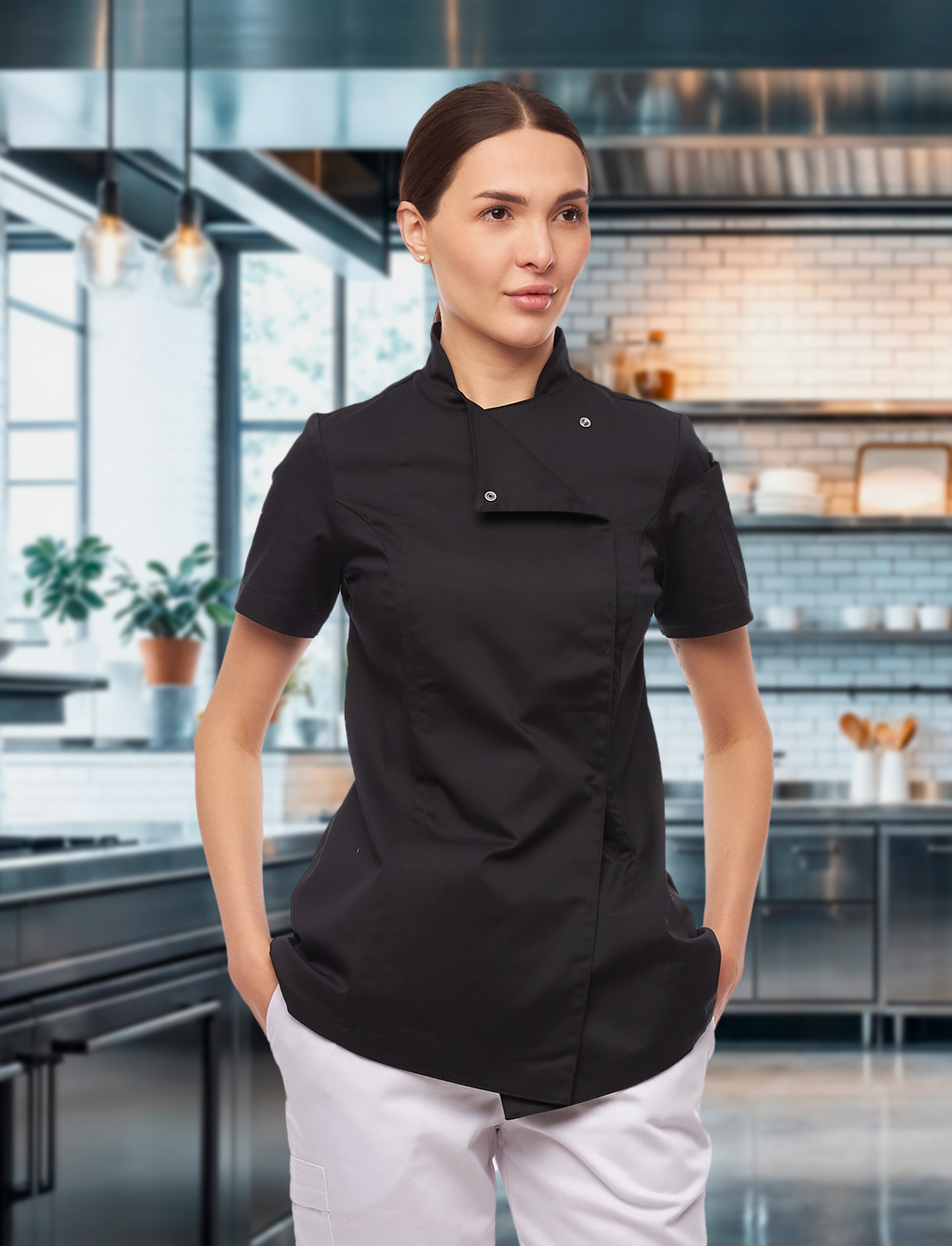 Kurzarm Damen Kochjacke mit Druckknöpfen aus weicher Baumwolle 6 Kurzarm Damen Kochjacke mit Druckknöpfen aus weicher Baumwolle – Bild 6